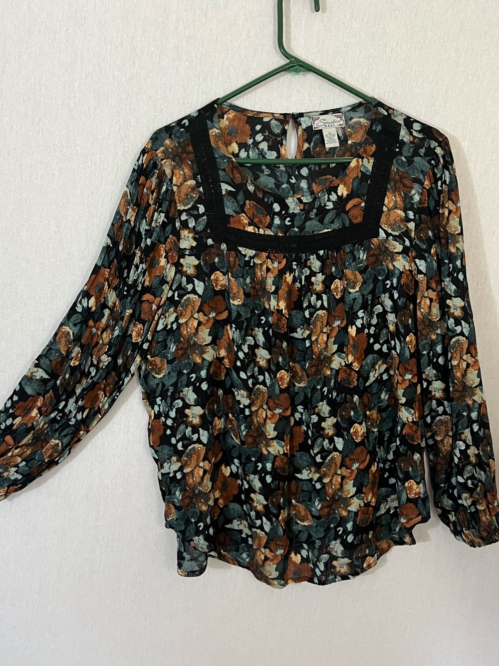 Studio West Floral Blouse in Black, Rust & Slate Blue